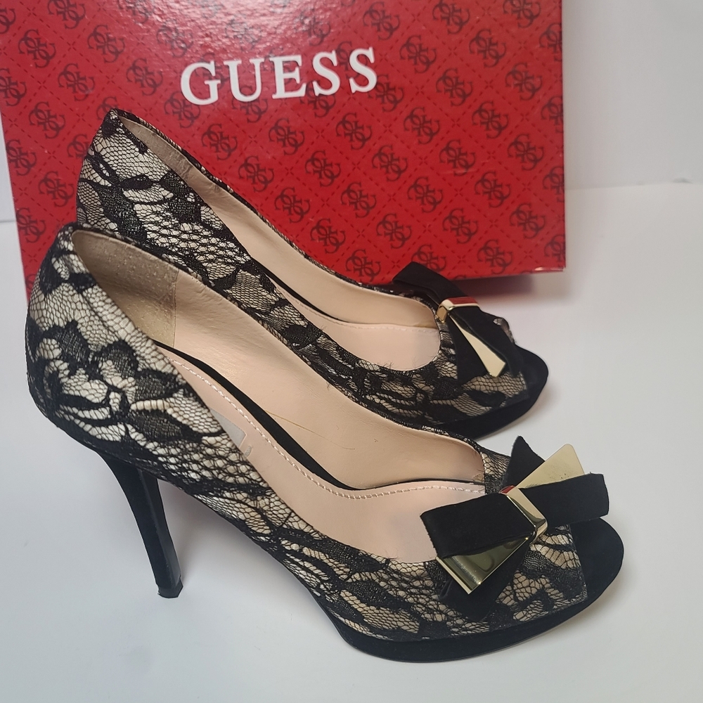 Guess Platform Peep Toe High Heel Pumps Black Lace Over Champagne Gold, 6.5M - Picture 4 of 15